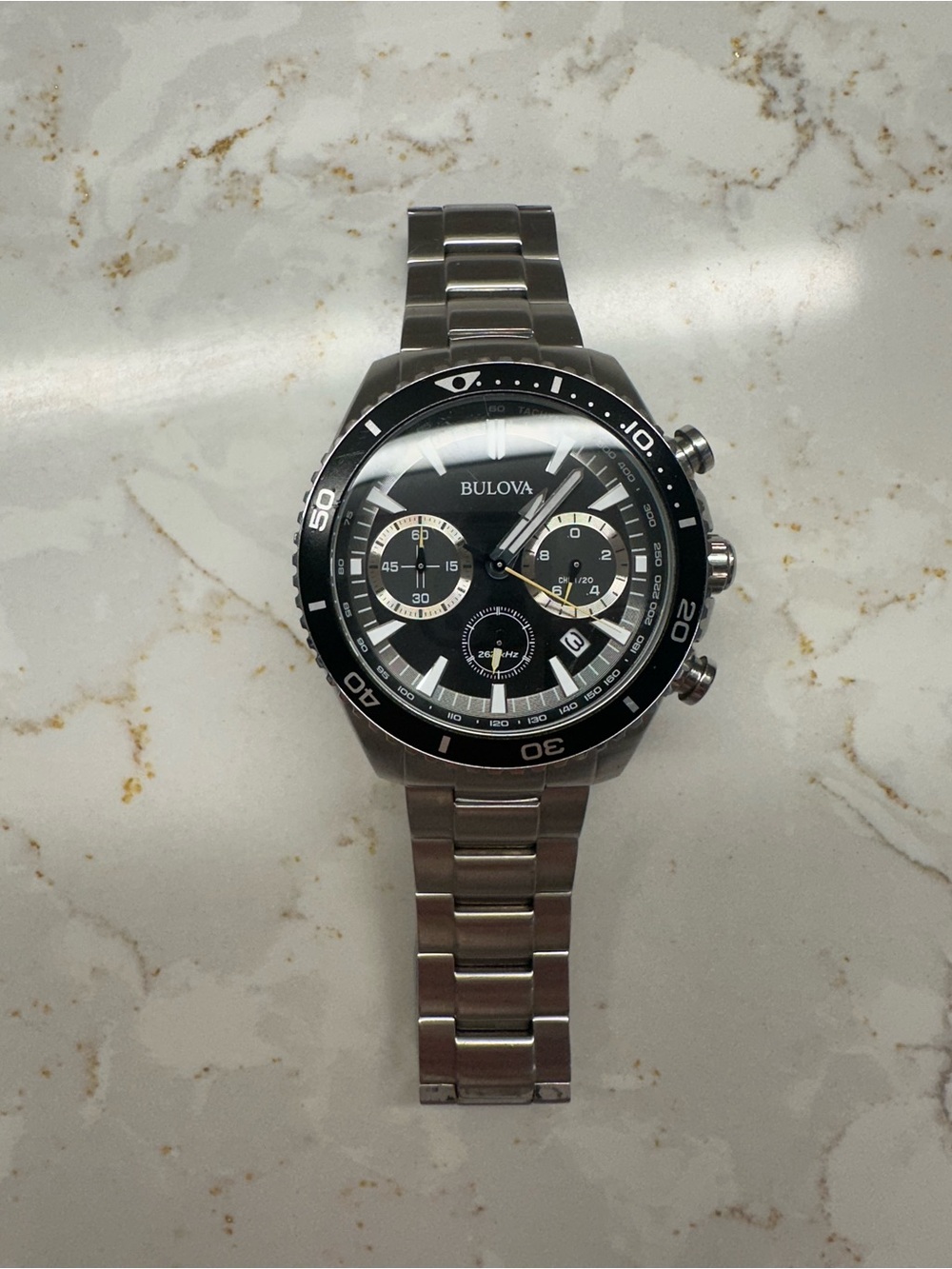 Bulova Silver Stainless Steel Watch with Black Dial